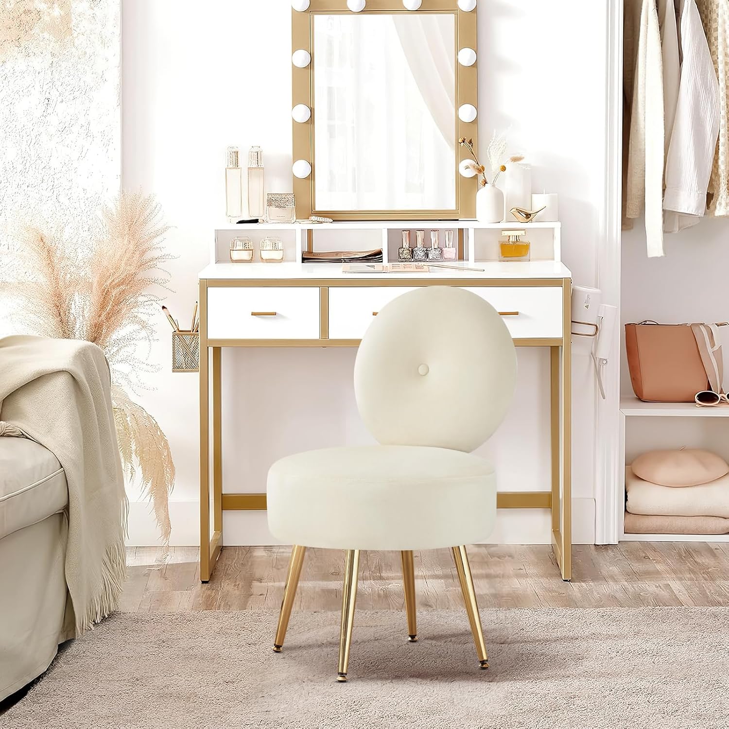 Armless Vanity Chair for Makeup Room, Velvet Vanity Stool with Back, Living Room Chair with Solid Metal Legs for Bedroom, Study Room, Vanity(Khaki)