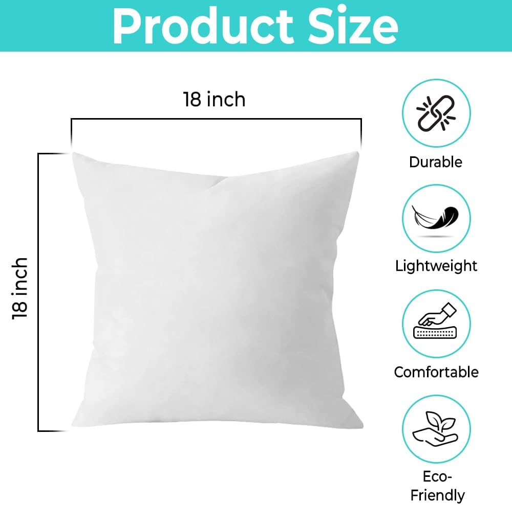 QUBA LINEN 18 x 18 Throw Pillow Insert - Pack of 2 White, Down Alternative Pillow Inserts for Decorative Pillow Covers, Throw Pillows for Bed, Couch Pillows for Living Room (Pack of 2)