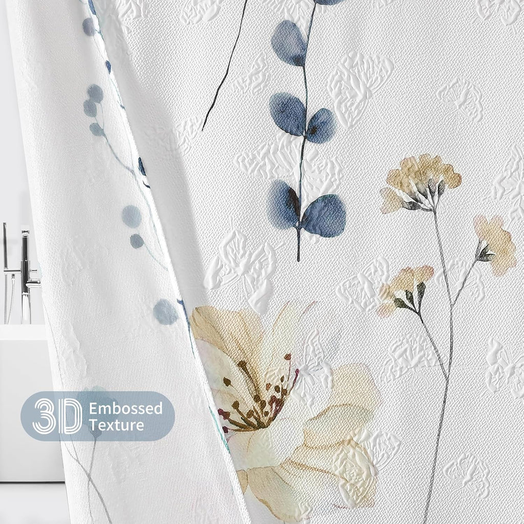Watercolor Floral Shower Curtain, 3D Embossed Butterflies Grey Beige Flower Bathroom Curtains, Minimalist White Cloth Bath Curtain, Waterproof Fabric Textured Shower Curtain Set with Hooks, 72x72