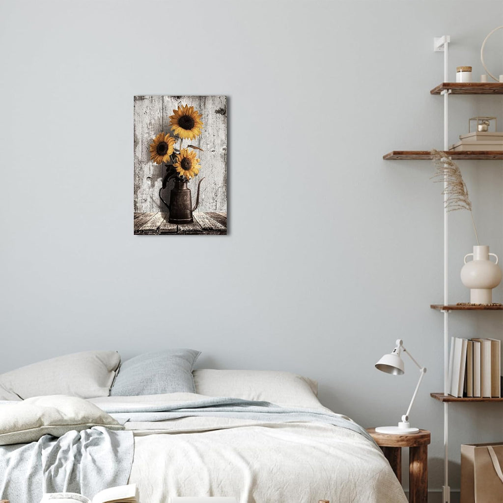 Rustic Sunflower Canvas Wall Art: Vintage Flower Picture Print Farmhouse Wall Decor - Floral Pot Decorative Poster Framed Artwork Decoration for Bedroom Home Office Ready to Hang 10" x 15"