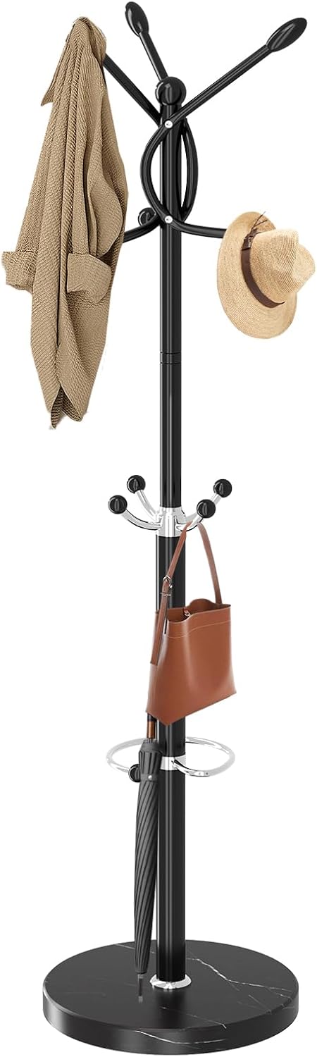 Metal Coat Rack with Natural Marble Base,360°Rotary Coat Rack Stand with 14 Hooks,Modern Freestanging Coat Racks,White Coat Jacket Hanger Clothes Tree Stand for Entryway,Corner
