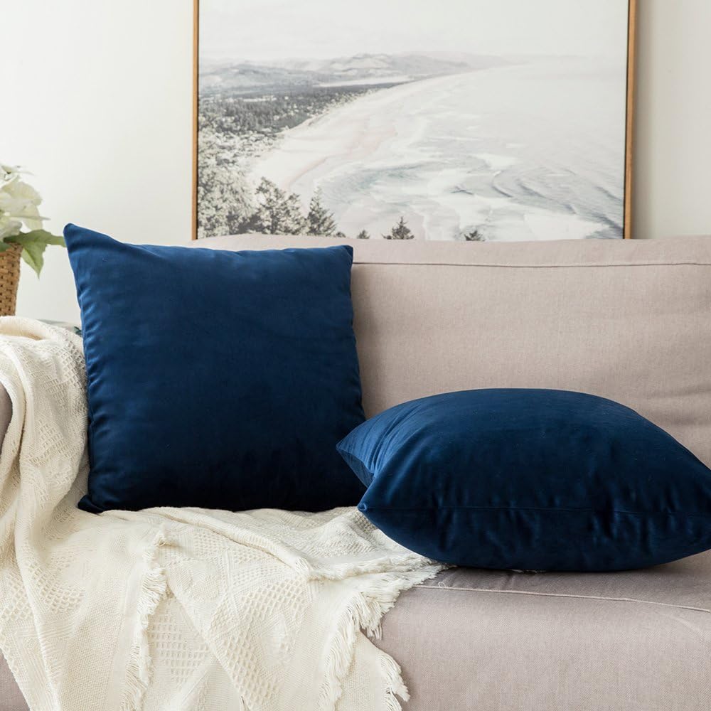 MIULEE Velvet Throw Pillow Covers 18x18 Inch, Pack of 2 - Dark Blue, Super Soft Decorative Square Cushion Cases Modern Luxury Home Decor for Sofa, Couch, Bed, Chair